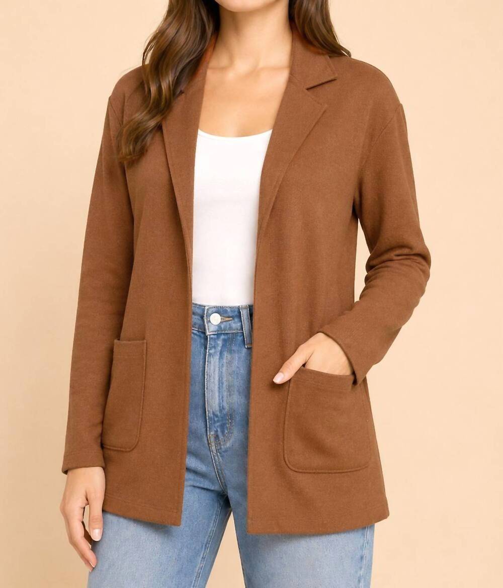 NEW LES AMIS open front blazer cardigan with patch pockets in mocha brown